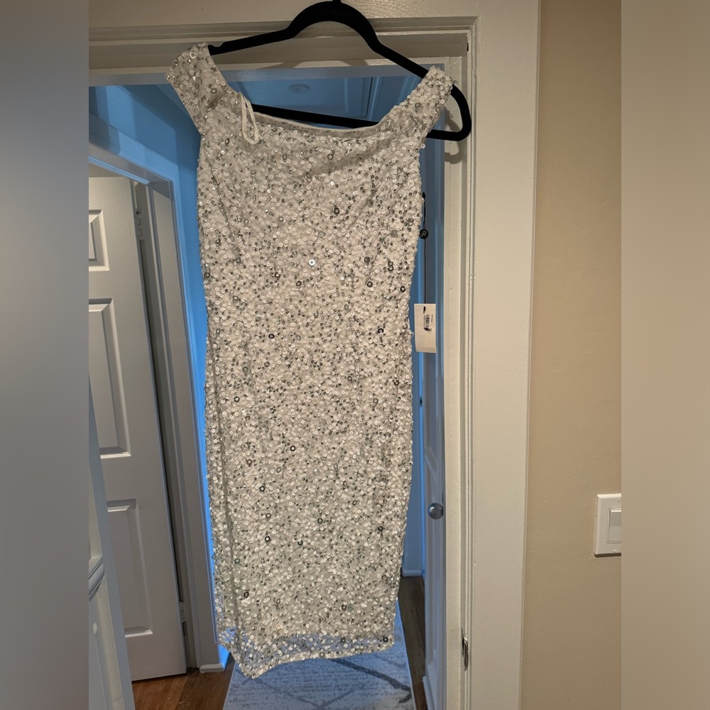 Adrianna Papell Size 6 White beaded off the shoulder dress. Brand new with tags.